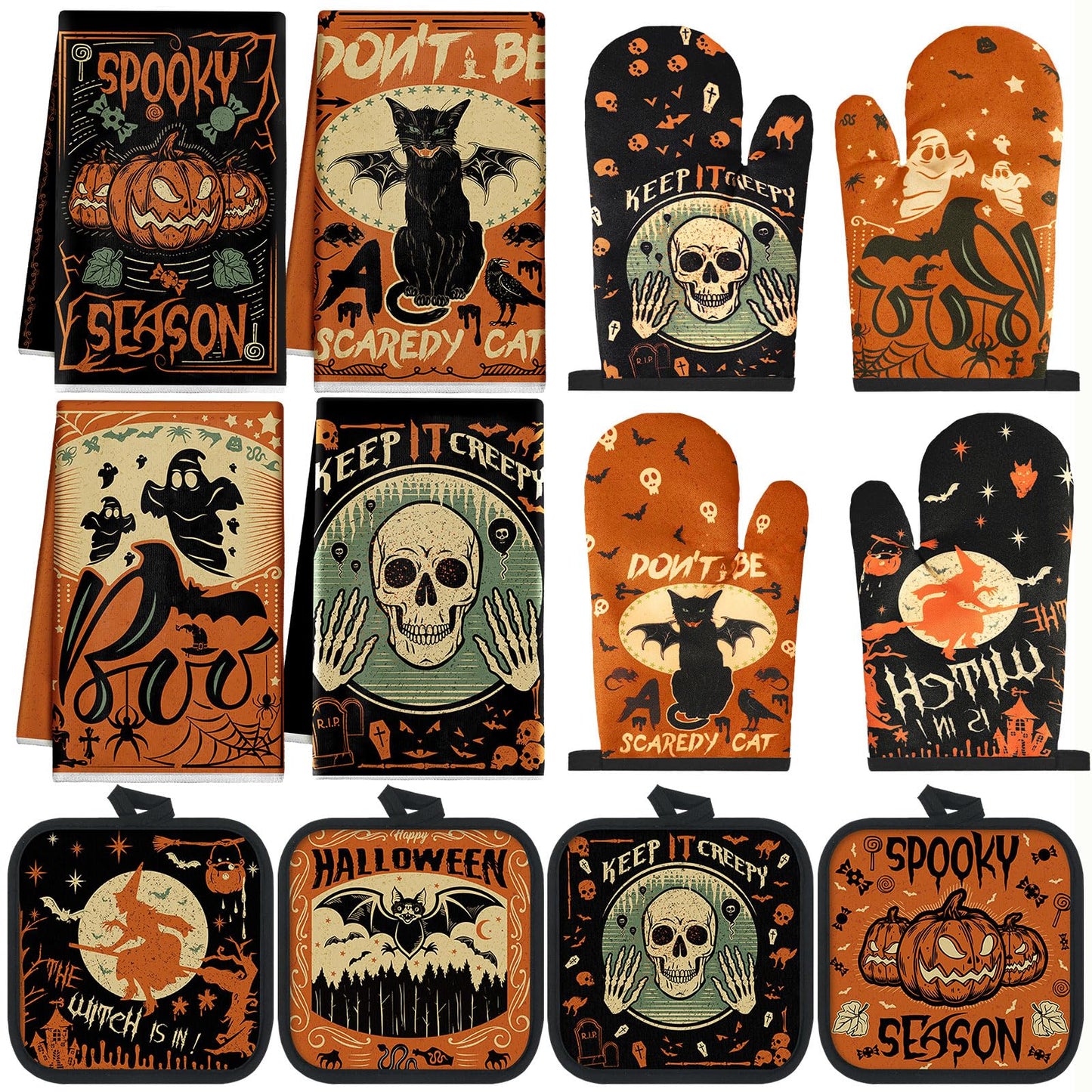SiliFine 12 Pcs Oven Mitts and Kitchen Towel Sets 4 Dish Towels 4 Potholders 4 Vintage Resistant Glove for Cooking Baking Home Gifting(Gothic Witchy Ghost)
