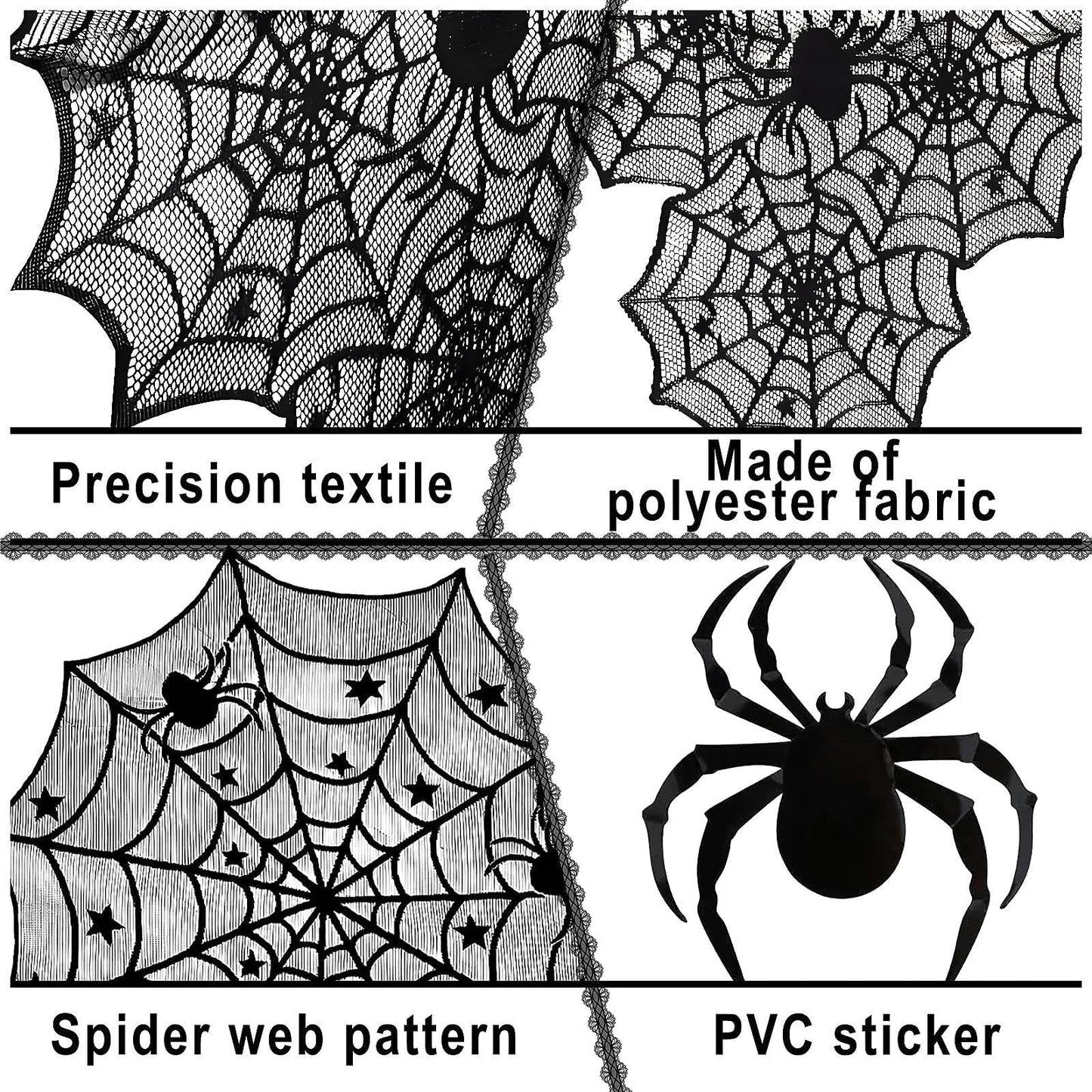 Heyigrow 15 Pcs Set Spider Web Decorations, Halloween Kit Black Lace Table Runner Cobweb Round Tablecloth Fireplace Scarf