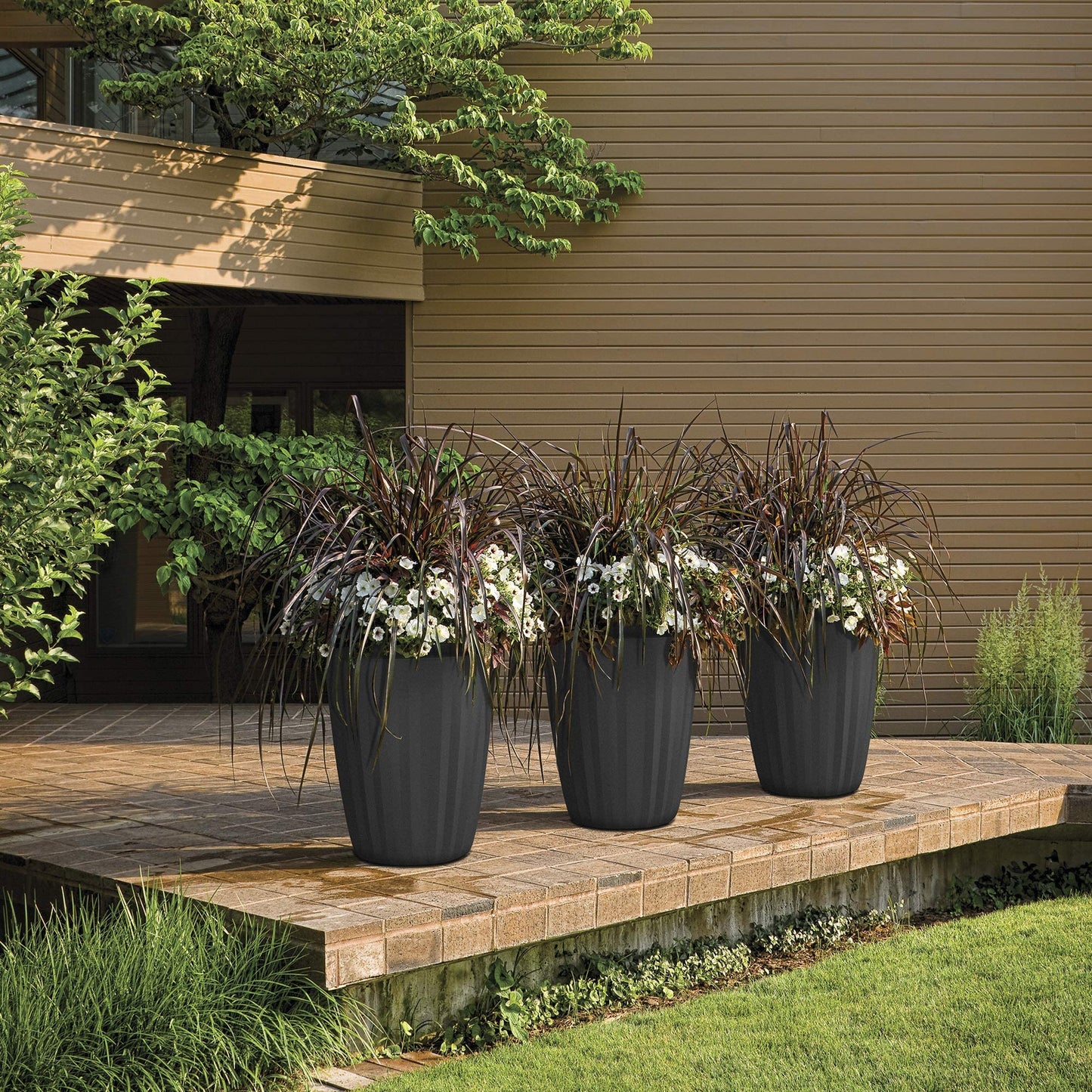 Crescent Garden Pleat Modern Decorative Planter, Indoor/Outdoor Pot, Resin Planter with Drain Hole - 15" W x 15" H (Caviar Black)