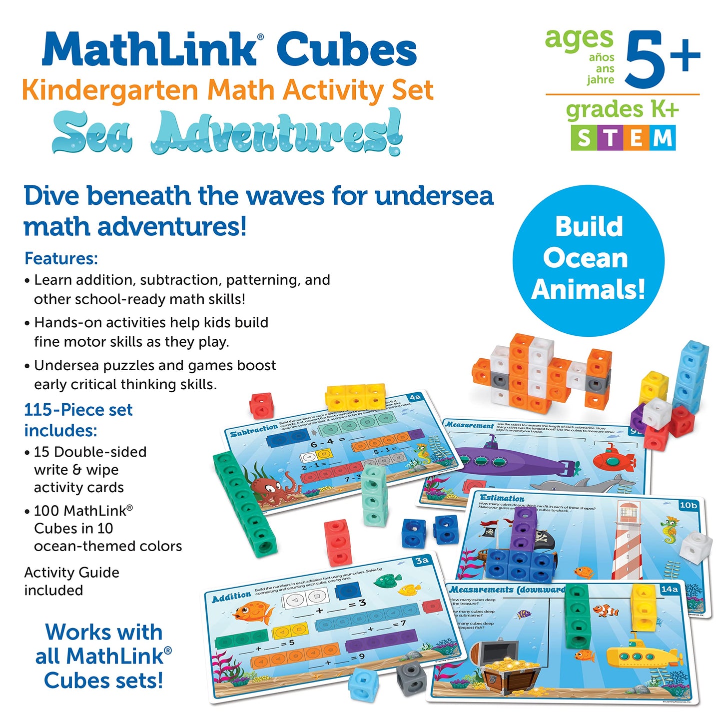 Learning Resources MathLink Cubes Kindergarten Math Activity Set Sea Adventures! - 115 Pieces, Age 5+, STEM Teaching Toys, Kindergartner Games