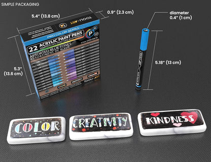 Acrylic Paint Pens 22 Blue & Purple Tones Assorted Pro Color Series Markers Set 0.7mm Extra Fine Tip for Rock Painting, Glass, Mugs, Wood, Metal, Canvas, Projects, Non Toxic, Waterbased, Quick Drying