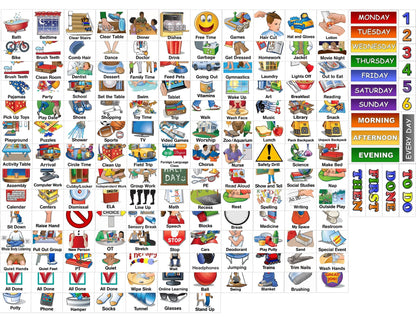 SchKIDules V-KIt - Portable, Binder-Ready Visual Schedule for Kids w/8.5x11" Backboard & 150 laminated Icons plus 21 Headings