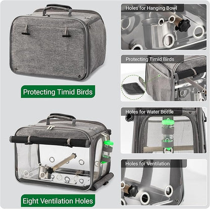 Sanmoncare Airline Approved Bird Carrier, Indestructible Stainless Steel Mesh Parrot Travel Cage, Cockatiels Travel Carrier Lightweight and Portable with Water Bottle and Bowl