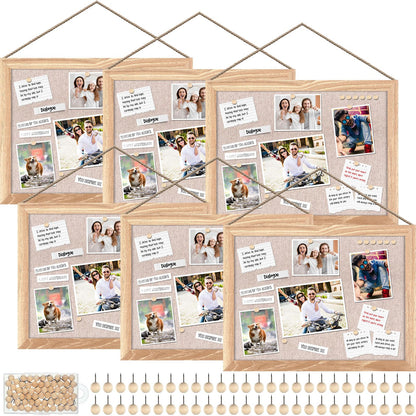 Teling 6 Pack Wood Bulletin Boards with Linen 12''x 16'' Cork Board for Walls with 60 Pushpin Decorative Wood Framed Display for Classroom School Office Bedroom (Brown)