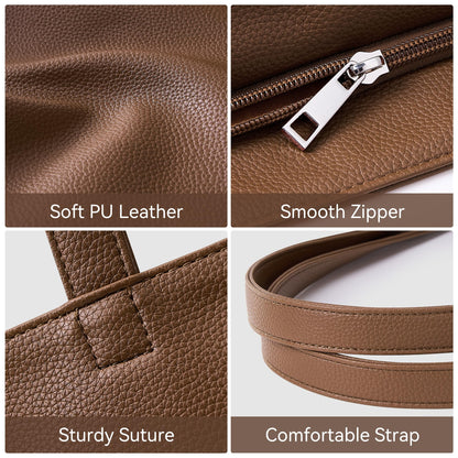 WLLWOO Soft Vegan Leather Tote Bag for Women Large Casual Hobo Handbags Zipper Shoulder Work Daily Weekender Travel Purse, Coffee