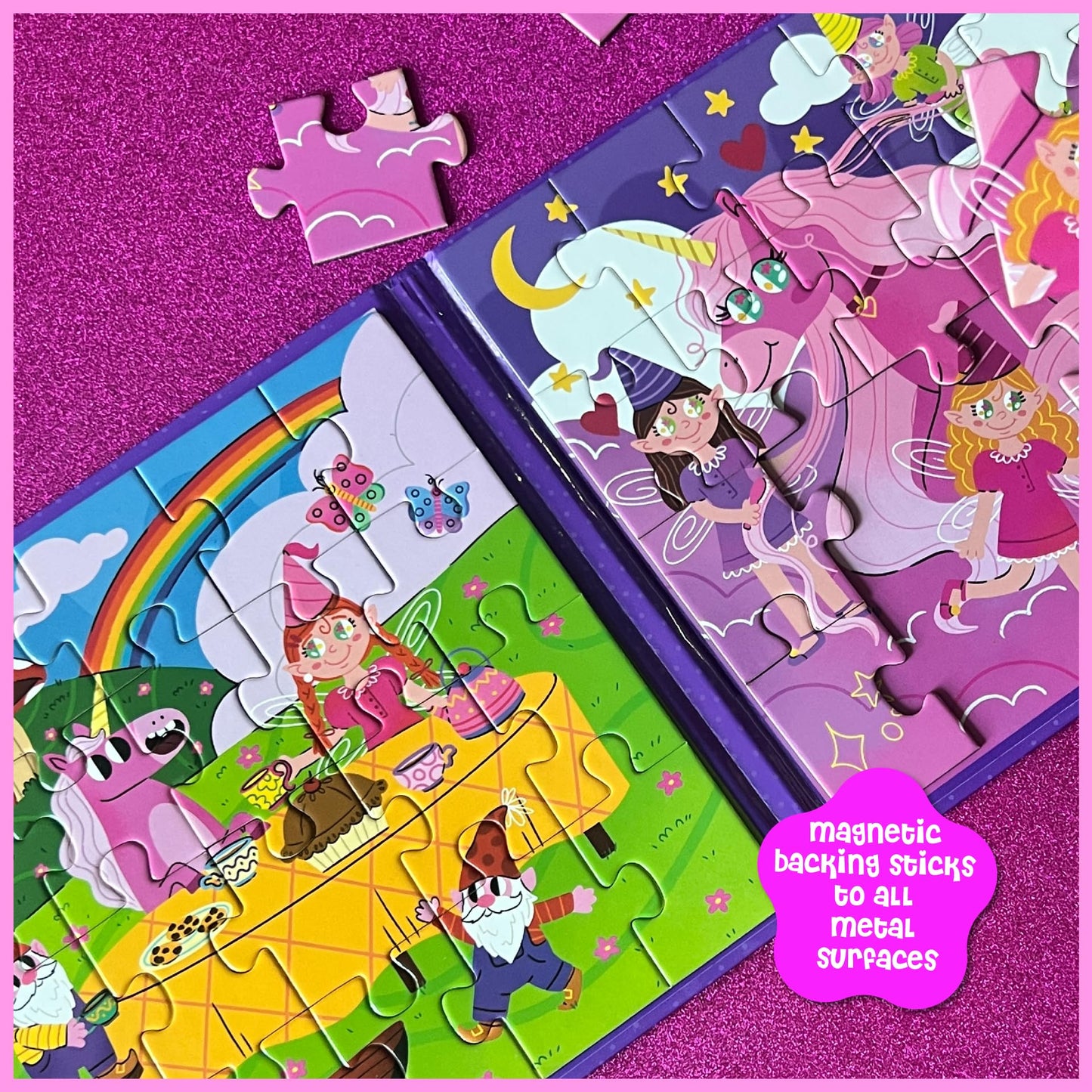Dinomini Magnetic Puzzles for Toddlers 3-5 - Tri Fold Set with 3 x 20 Piece Magnetic Puzzles - Travel Activities for Preschoolers - Learning Activities and Toys (Fairies & Princesses)