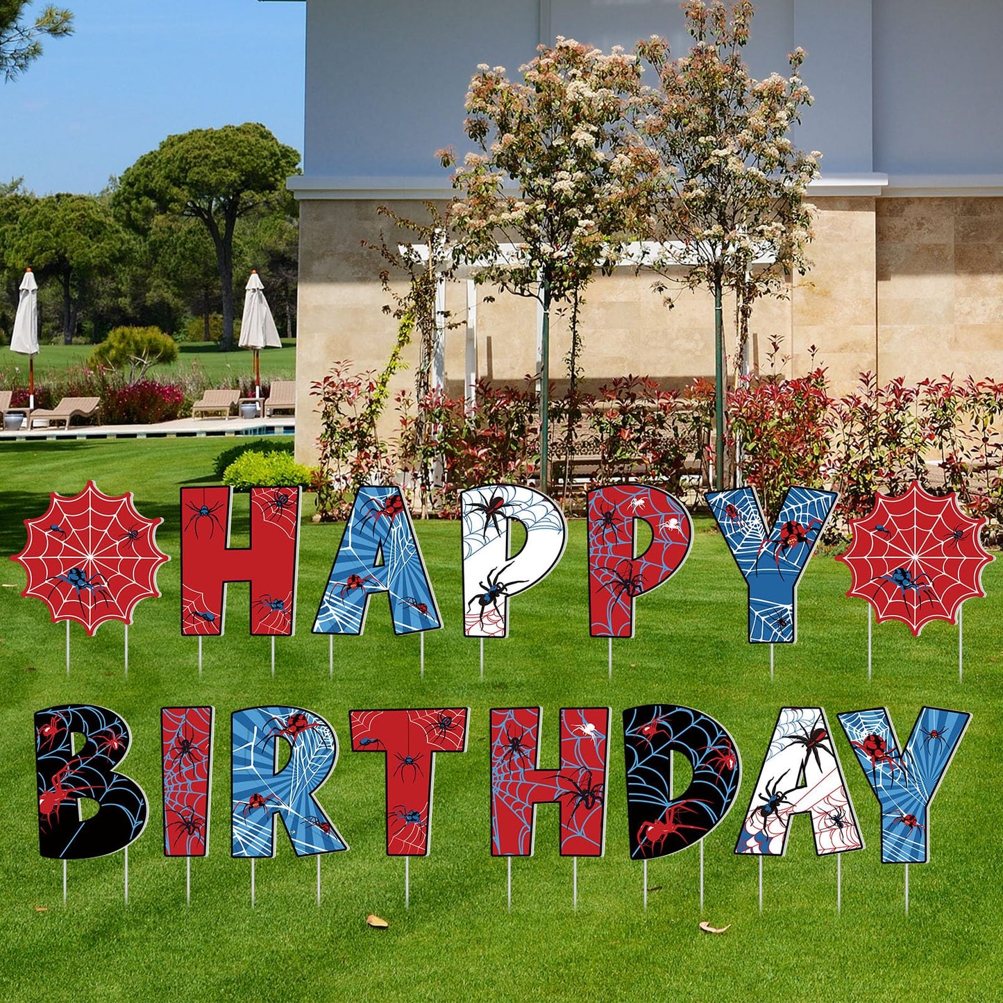 GlikCeil 15 Pcs Spider Happy Birthday Yard Signs with Metal Stakes Happy Birthday Letter Lawn Signs Spider Theme Party Favors Decorations for Outdoor Yard Lawn