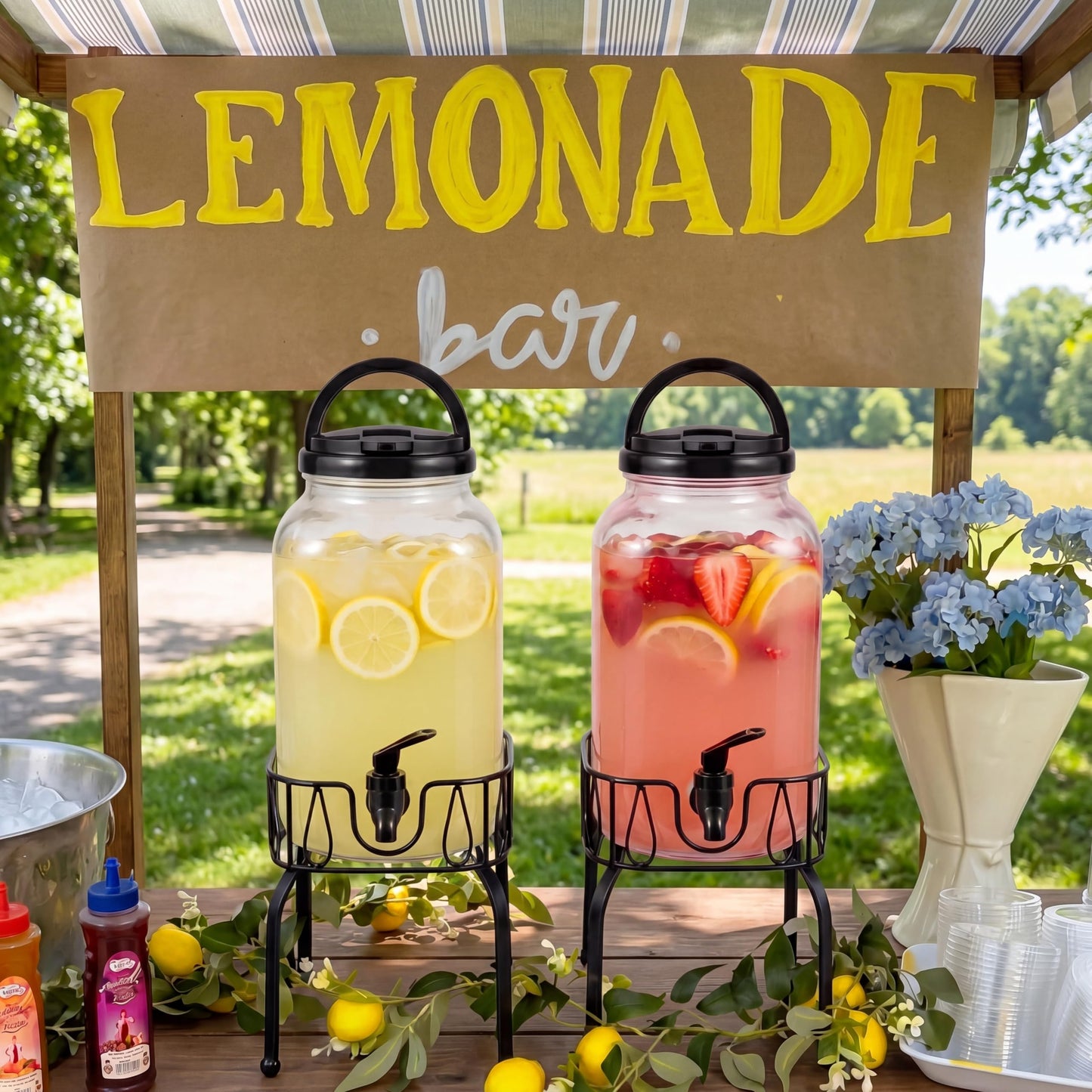 Tanlade 2 Pcs Plastic Drink Dispenser with Stand Beverage Dispenser with Sturdy Metal Base Juice Jar for Parties Lemonade Jar Spigot for Weddings Countertop Water, Each 1 Gallon(Black)