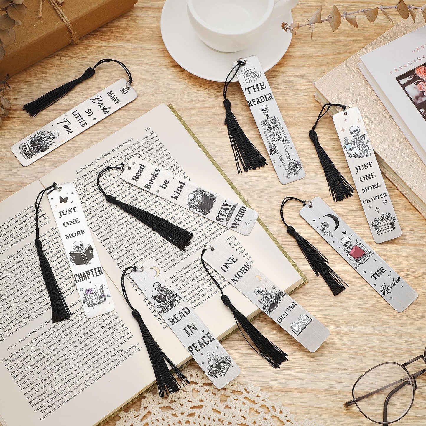 Honoson 8 Pcs Skeleton Gothic Bookmarks Funny Book Lover Bookmark Skull Novelty Metal Bookmarks with Tassels for Women Men Reading Accessories Halloween Birthday Gifts
