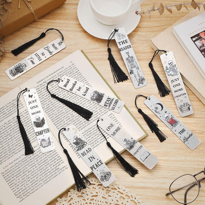 Honoson 8 Pcs Skeleton Gothic Bookmarks Funny Book Lover Bookmark Skull Novelty Metal Bookmarks with Tassels for Women Men Reading Accessories Halloween Birthday Gifts