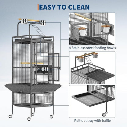 61" Extra Large Bird Cage with Play Top & Rolling Stand – Wide Metal Parrot Cage for Macaws, Cockatoos, Conures, Parakeets, Lovebirds – Includes Bowls
