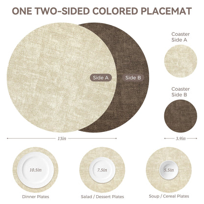 13" Round Placemats Set of 6, NCUE Dual-Sided Faux Leather Heat Resistant Table Mats, Waterproof Oilproof Washable Protective Table Placemats with Coaster, Wipeable Vinyl for Indoor & Outdoor Use