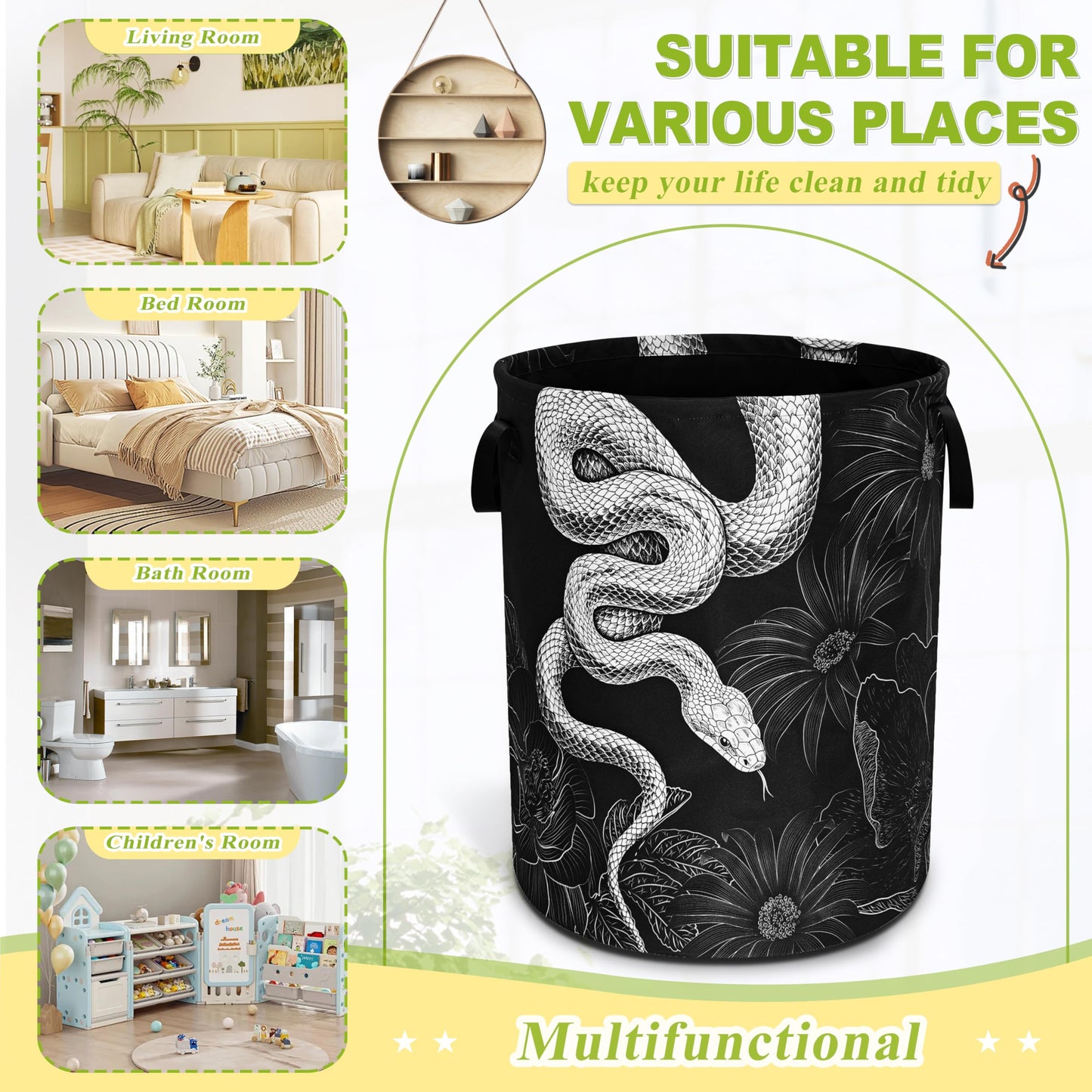 Snake Laundry Basket Floral Prints Funny Foldable Waterproof Oxford Cloth Tote Bag Laundry Hamper Round Large Clothes Storage Bucket Organizer For Bathroom/Laundry Storage/Bedroom 18.9x16.5 Inch
