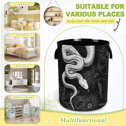Snake Laundry Basket Floral Prints Funny Foldable Waterproof Oxford Cloth Tote Bag Laundry Hamper Round Large Clothes Storage Bucket Organizer For Bathroom/Laundry Storage/Bedroom 18.9x16.5 Inch