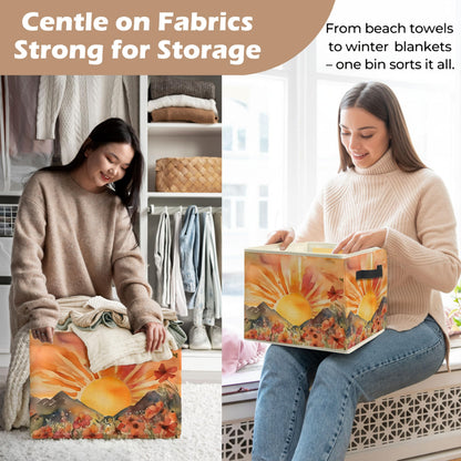 WARDOS Boho Sun Wildflower Storage Bin Box with Handles, Watercolor Mountain Sunset Floral Botanical Foldable Linen Fabric Laundry Basket for Home Bedroom Bathroom Clothes Toys Books