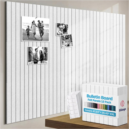 Ekkogo X-Large Cork Board Alternative 12-Pack Felt Bulletin Board Thick and Decorative Pin Board for Home Office Walls 47.24 x 35.43 Inches with 72 Adhesive Tabs - [White]