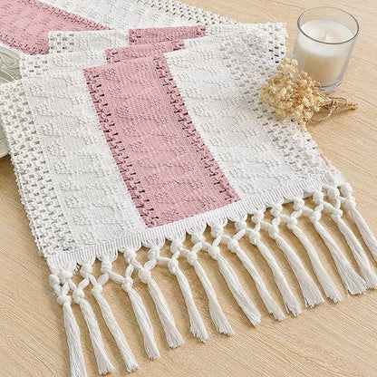 FEXIA Boho Table Runner Summer Home Decor with Tassels 72 Inches Long Pink Farmhouse Rustic Table Runner Burlap Centerpieces for Tables Decoration for Living Room (12x72 Inches)