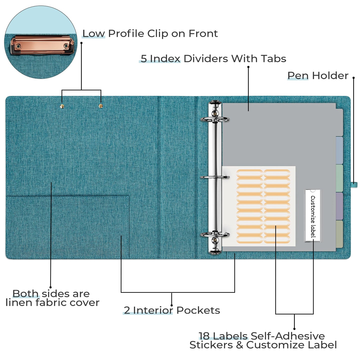 EYROZILL 3 Ring Binder 2 Inch, Binder for Letter Size (11" x 8.5") with 5 Tab Dividers, File Folder Labels and Low Profile Clipboards, Aqua Blue