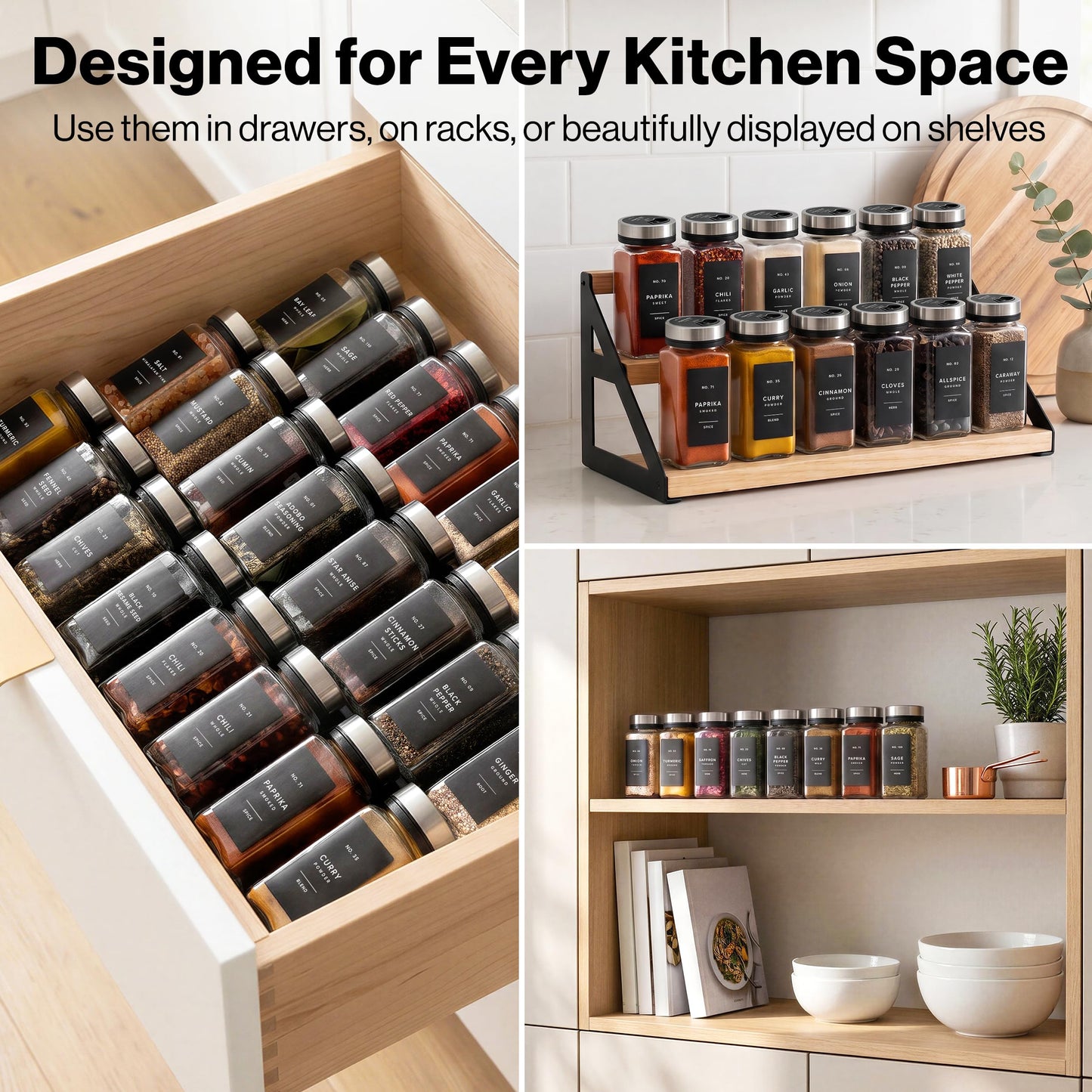 EDELHAUS Glass Spice Jars with Label and Silver Rotating Lids (24 x 4oz) Spice Containers with 240 Labels, Shaker Inserts, Steel Funnel, Empty Square Containers
