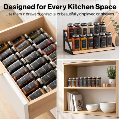 EDELHAUS Glass Spice Jars with Label and Silver Rotating Lids (24 x 4oz) Spice Containers with 240 Labels, Shaker Inserts, Steel Funnel, Empty Square Containers