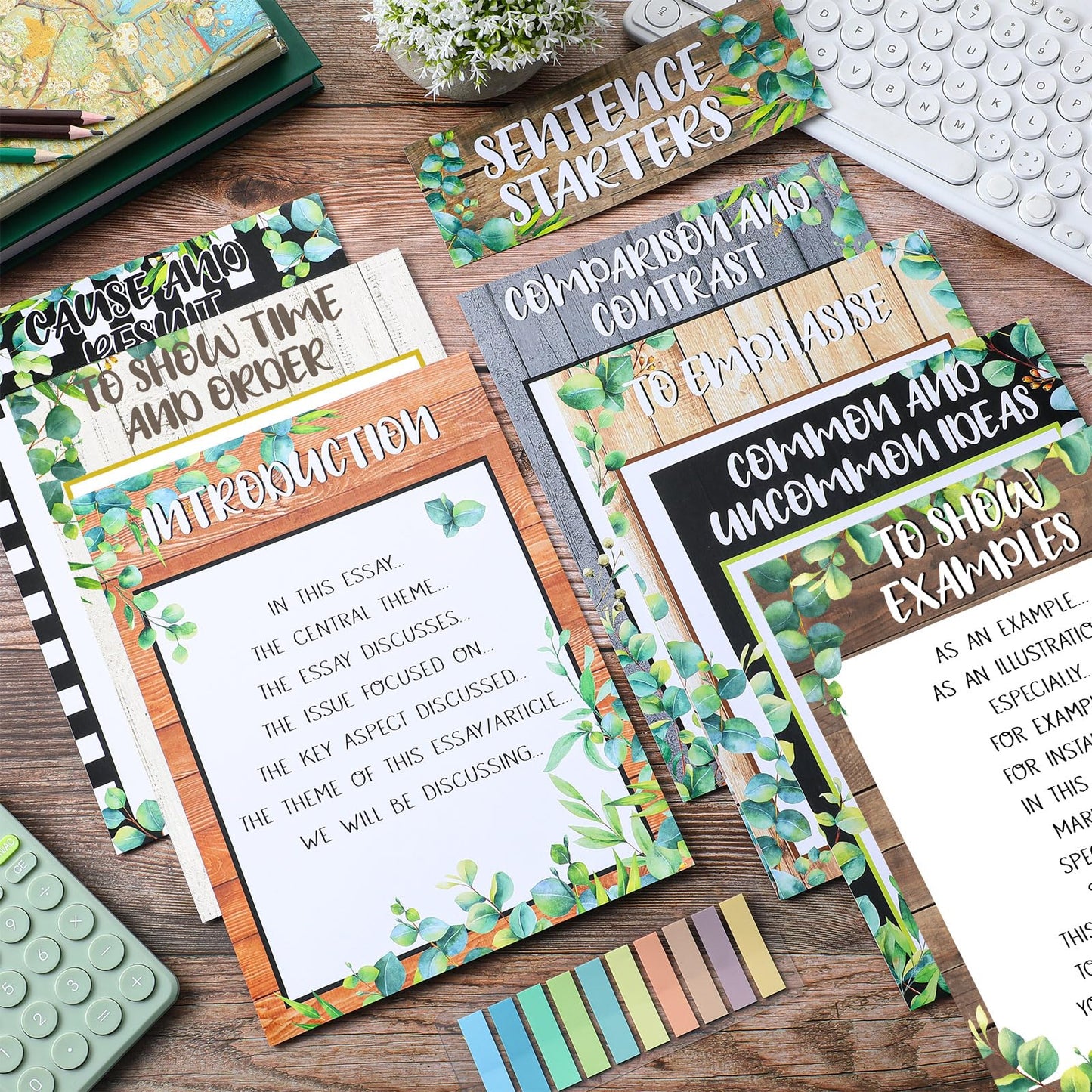 Dunzoom 9 Pieces Sentence Starters Posters Descriptive Vocabulary Classroom Educational Posters English Grammar Chart Bulletin Board Decoration for Middle High School Classroom(Greenery Style)