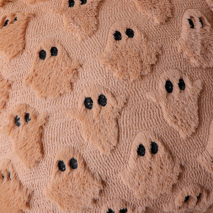 4TH Emotion Halloween Ghost Decorative Pillow Covers 16x16 Set of 2, Light Brown Soft Plush Faux Fur Farmhouse Throw Cushion Cases for Fall Autumn Holiday Home Decorations