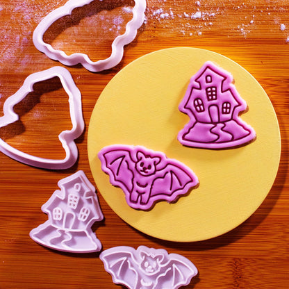 BAKERLOGY Spooky Night Mini Cookie Cutter & Stamp Set (Haunted House & Flying Bat Designs) – Cute Halloween Fondant Embossing Stamp Cutters for Creepy Baking, Cupcake Toppers & Party Treats
