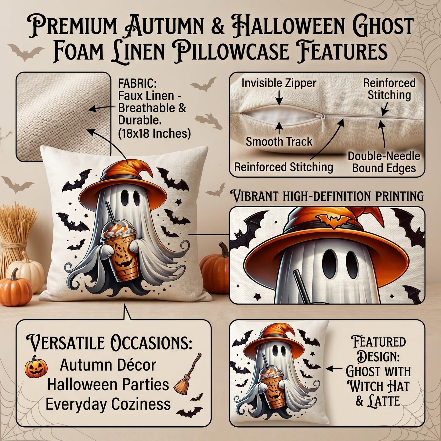 Fall Halloween Thanksgiving Pillow Covers 18x18 Set of 4, Faux Linen Polyester Decorative Throw Pillow Cases for Harvest Home Sofa Couch Bed Decor (CuteGhost)