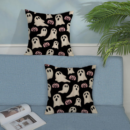 Halloween Pillow Covers 18x18 Inch Set of Black Pink Ghost Pumpkin Throw Pillow Covers Outdoor Decor,Autumn Halloween Decoration Ghost Farmhouse Linen Decorative Cushion Cover for Sofa Couch