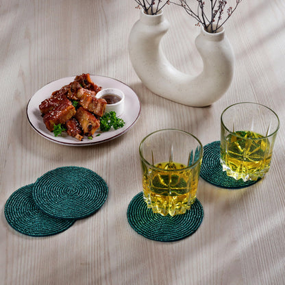 Handmade Beaded Bar Drink Tabletop Protection Coasters - Set of 4 - Halloween Harvest Autumn Fall Thanksgiving Holiday Christmas Xmas Celebration Festive Party 4" Round - Solid Teal