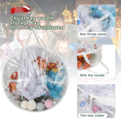2Pcs Christmas Wreath Storage Container 24 Inch Clear Wreath Storage Bags Round Durable Wreath Bags Clear Everyday Bag with Dual Zippers and Sturdy Handles for Holiday Christmas Wreaths（Medium）