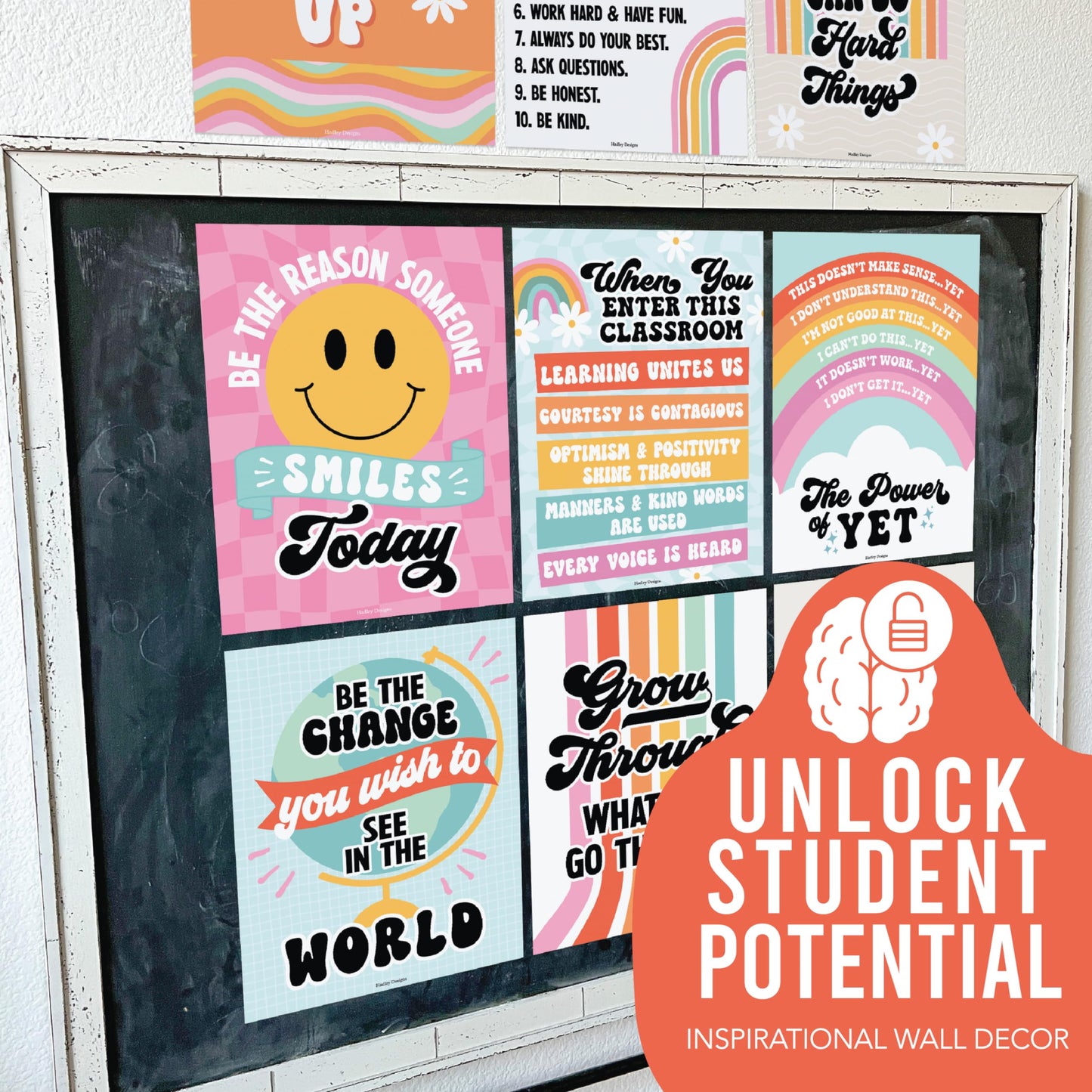 Hadley Designs Motivational Poster for Classroom Decor - 9 Growth Mindset Classroom Posters Elementary, Inspirational Wall Decor Middle School, Teacher Must Haves, Retro Bulletin Board Decorations
