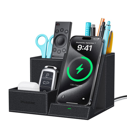 Investme Wireless Charger with Desk Organizer, Pen Pencil Holder, Multifunctional Desktop Organizer, Office Supplies and Desk Accessories Organizer with 3 Compartments and 1 Phone Stand