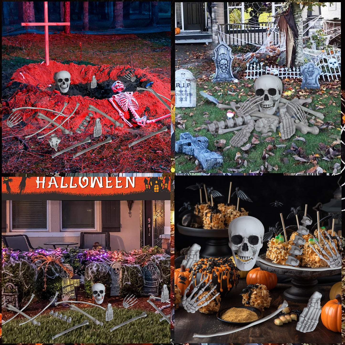 IDMOP 28 Pieces Skeleton Bones with Skull Bag of Plastic Bones Scary Groundbreakers for Halloween Yard Lawn Decoration (Gray)