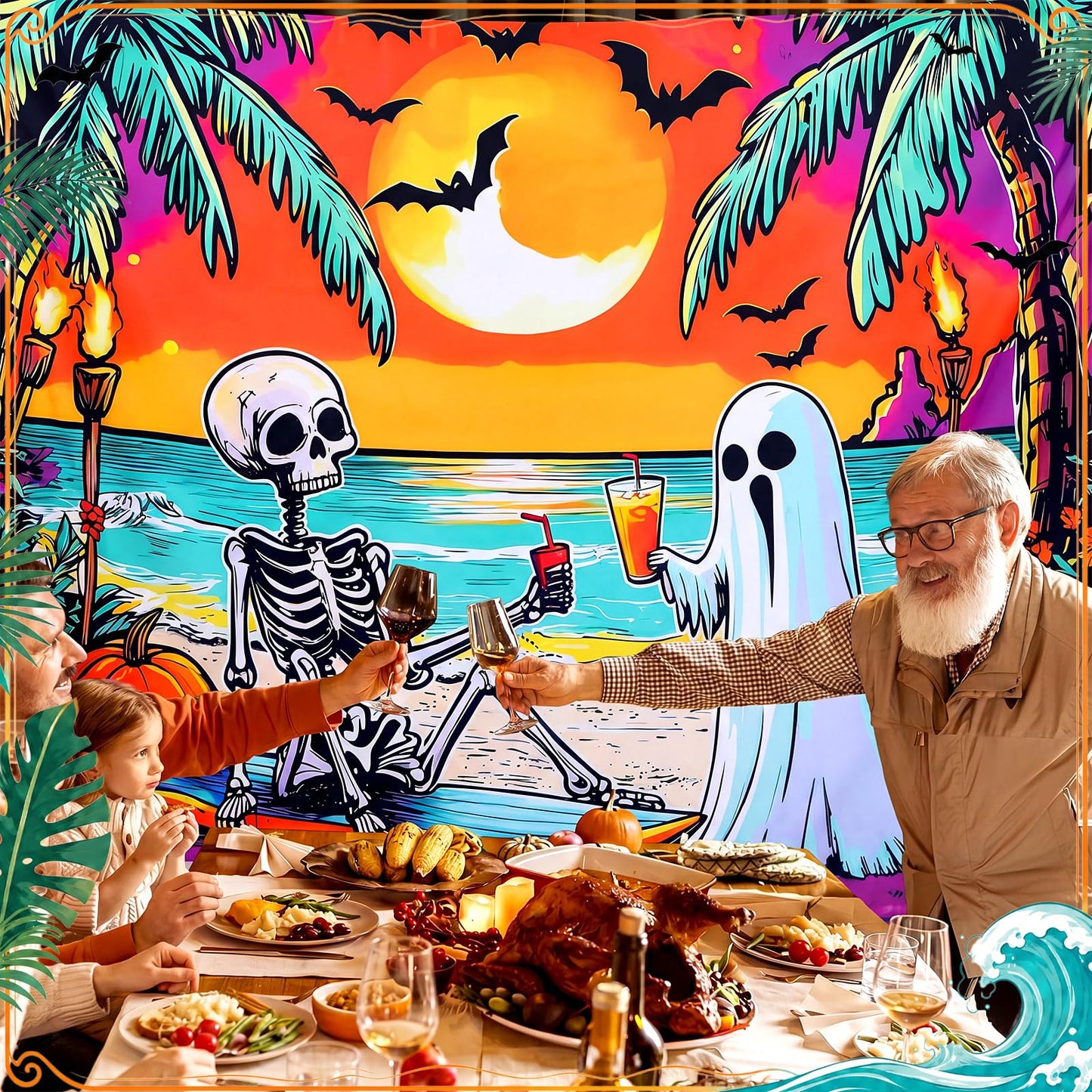 Gilprop Summer Halloween Decor 7x5ft Backdrop Banner for Halloween in Summer Party Decorations Supplies Photography Background Props Ghost Skeleton Pumpkin Beach Decorations