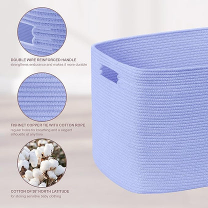 60L Small Baby Girls Laundry Basket for Nursery Storage,Cute Woven cotton Rope Baskets for Kids Toy，Gifts, Boho Square Wicker Blanket hamper for Living Room,Bedroom Dirty Clothes,Blue Purple