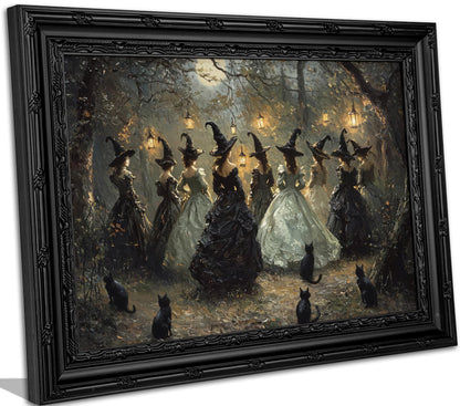Framed Halloween Witch Wall Art, Moonlit Forest Witch Gathering Painting, Dark Academia Witchy Canvas Print, Black Ornate Framed Artwork with Black Cats. Ready to hang, 9x11in