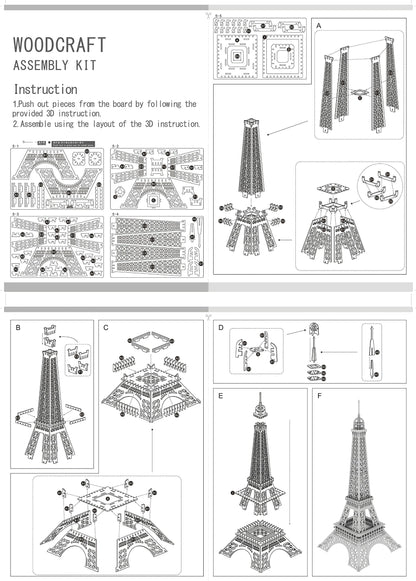 Bitopbi 3D Wooden Puzzles Laser Engraving DIY Safe Assembly Constructor Kit Toy for Teens and Adults, World Famous Buildings Mechanical 3-D Models for Self-Assembly (Eiffel Tower)