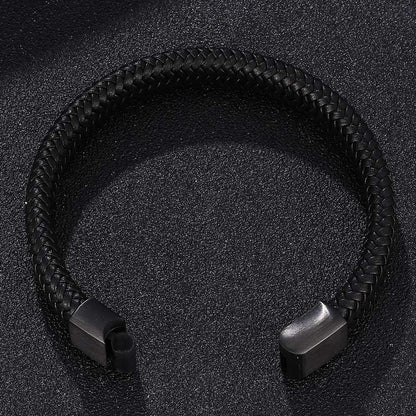 Silverso Men's Leather Bracelet, Stackable Stainless Steel Clasp Bracelets for Men Stylish Birthday, Thanksgiving, Valentine's Day Gift for My Man (7.8" Pure Black)