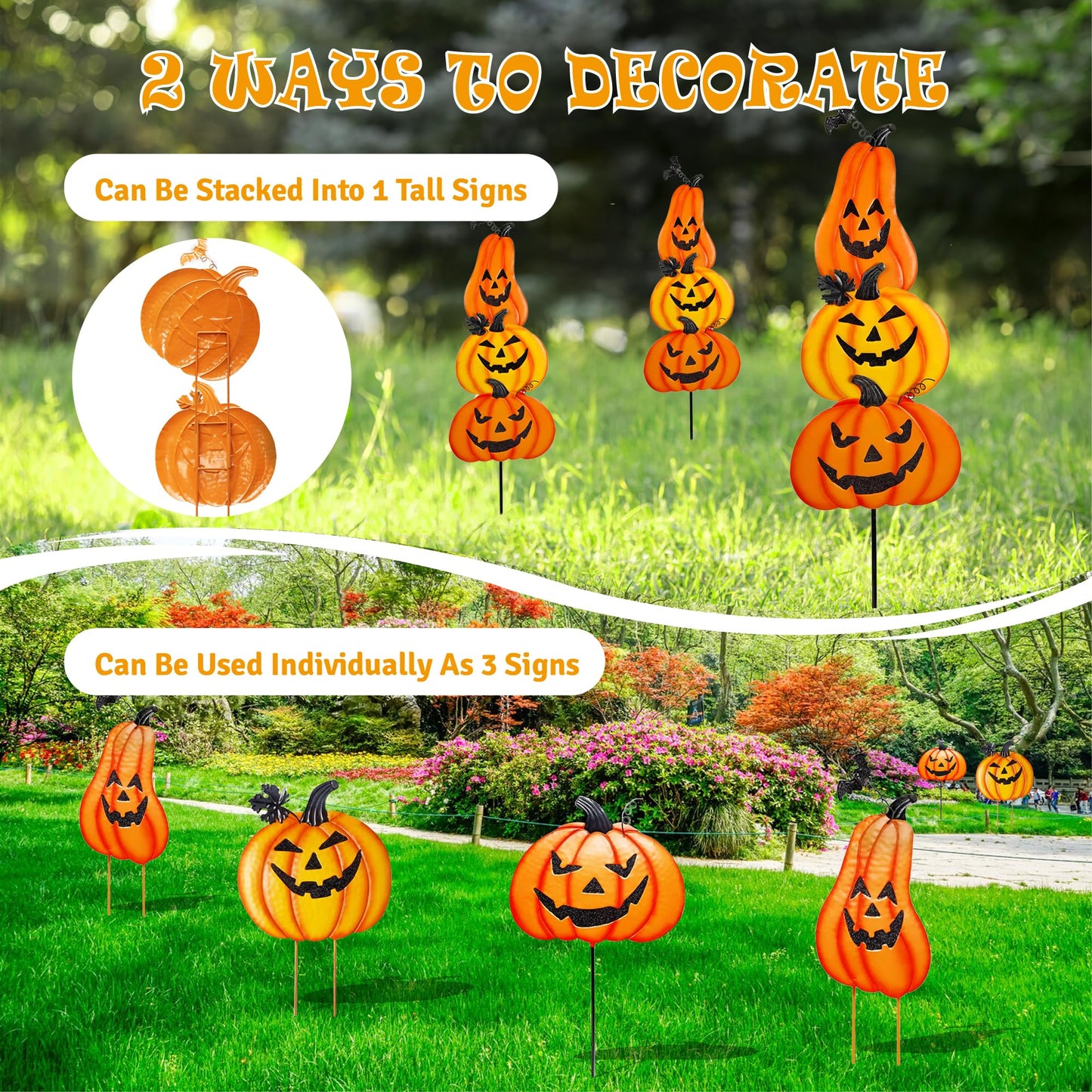 CAMATET Halloween Metal Pumpkin Yard Stakes, Stackable Pumpkin Signs Garden Stake with Witch Door Hanging, Outdoor Halloween Decorations for Lawn Party (Set of 3, Style A)