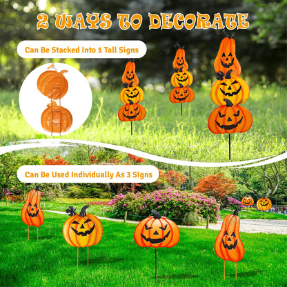 CAMATET Halloween Metal Pumpkin Yard Stakes, Stackable Pumpkin Signs Garden Stake with Witch Door Hanging, Outdoor Halloween Decorations for Lawn Party (Set of 3, Style A)