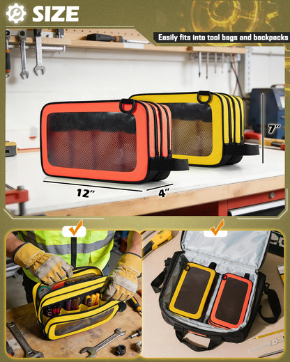 Marscamd 2 Pack Tool Pouch with Dual Compartments, 12” Tool Bag with Detachable Shoulder Strap, Carry Handle and Translucent Window, Orange-red/Yellow