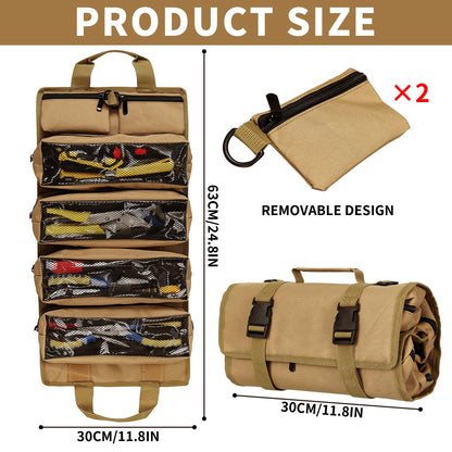 Tool Bag,Gifts for Men,Roll Up Tool Bag, Rollable Carrying Toolbag,Heavy Duty Tool Organizer, Foldable Empty Rollup Organizer with 2 Small Pouches (Khaki)