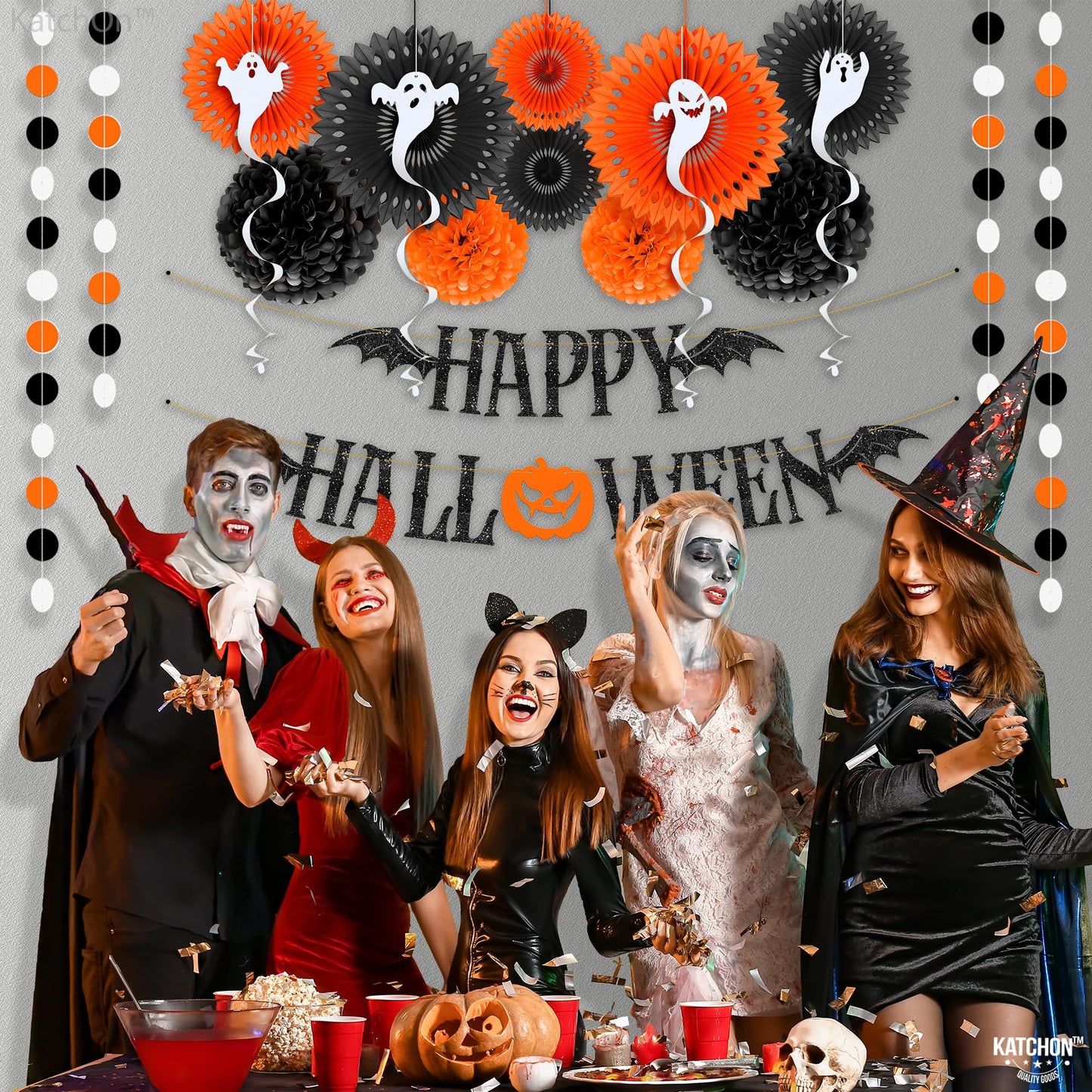 Halloween Party Decoration Set - Pack of 17 and XtraLarge Carnival Backdrop - 72x44 Inch | Halloween Pompom, Happy Halloween Garlands, Halloween Party Decorations | Halloween Carnival Decorations