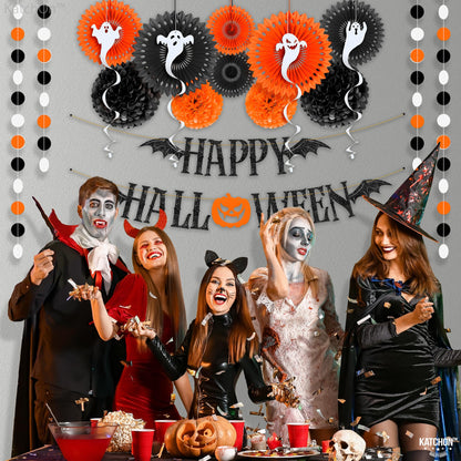 KatchOn, Halloween Banner & Fringe Set-Pack of 23 | Paper Fan Glittery Happy Halloween Garlands, Ghost Hanging Swirls with Burgundy Black and Silver Foil Fringe Curtains | Perfect for halloween Party