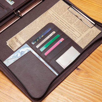 YIWEN Handmade Leather Portfolio with Handle, 3 Ring Binder, Zippered Padfolio for 13" Tablet, 8.5 x 11 Notepad, Professional Business Document Organizer (Dark Brown, Crazy Horse Leather)