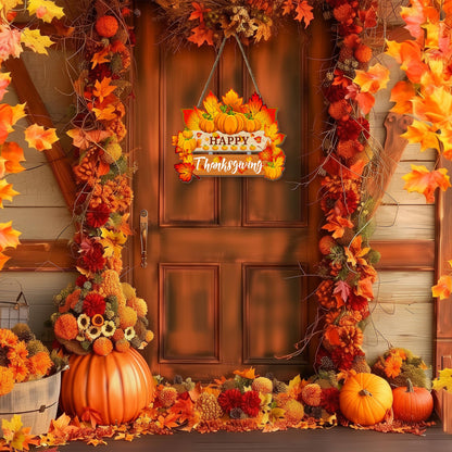 Thanksgiving Pumpkin Door Sign - Rustic Wall Art Plaque for Front Door, Home Office Decoration - Hanging Holiday Decor, 13.8x11 Inch