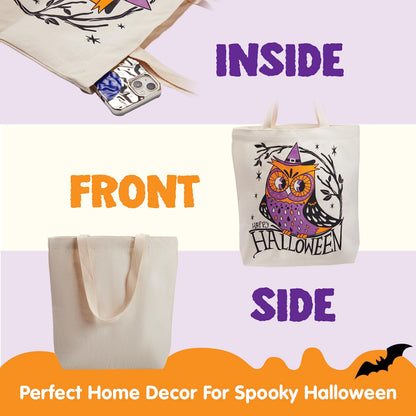 JOYIN 3PCS 13.75” Large Halloween Tote Treat Bags for Trick or Treating, Halloween Goodie Candy Bags, Reusable White Canvas Gift Bag for Kids Party Favor Supplies, Snack Grocery Tote with Handles