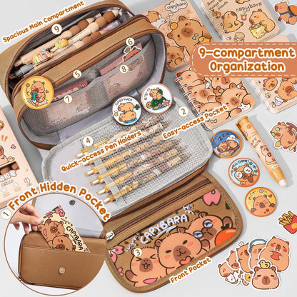 Fimibuke Capybara Backpack for School Girls, 30PCS Capybara Toddler School Supplies Stationery Set with Bookbag Pencil Case Pens Pencils Notebook for Back to School Kindergarten Elementary Student