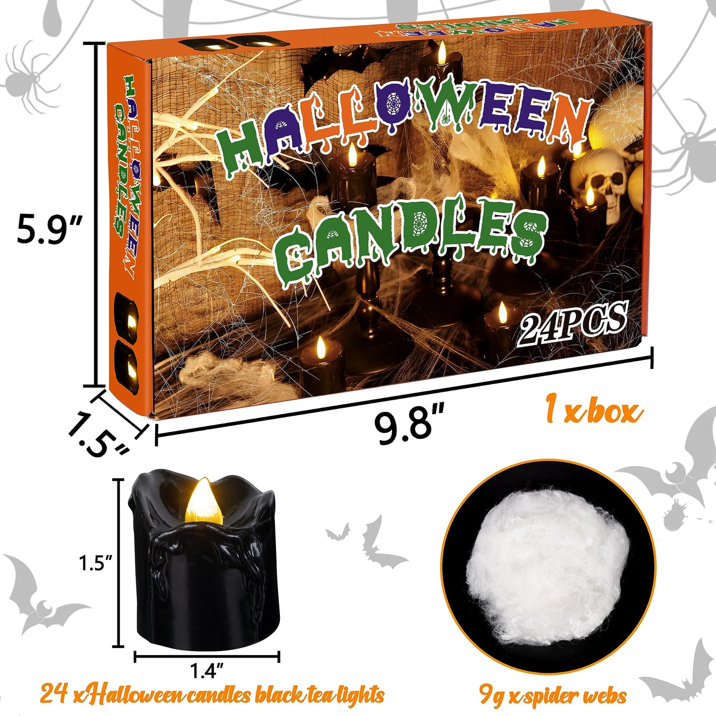 Renbuzhu 24Pcs Halloween Decorations Indoor Candles Black Tea Lights: Led Flameless Tealight Battery Operated Table Decor with Spider Webs (No Timer&Remote)